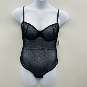 INC International Concepts Womens Large Monogram Bodysuit Deep Black Logo 2697